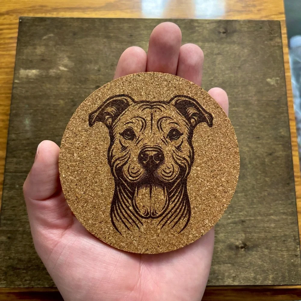 American Pit Bull Terrier Face Laser Engraved Cork Coaster